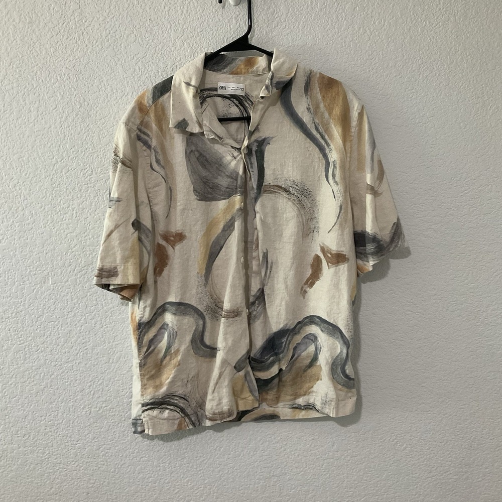Zara Mens Large Linen Blend Shirt Abstract Print Short Sleeve Casual Casual
